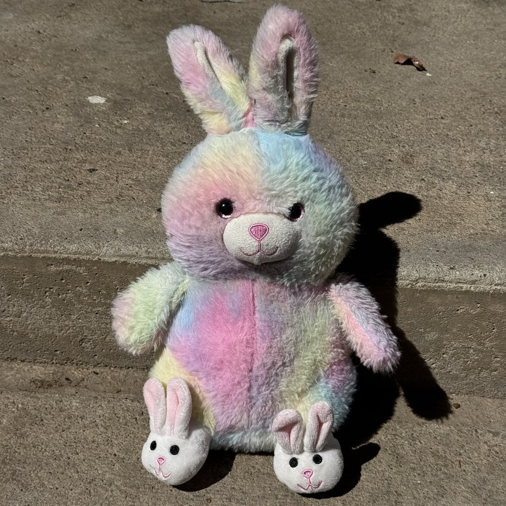 Tyedye Bunny Plush Wearing Bunny Slippers Rainbow Pastel